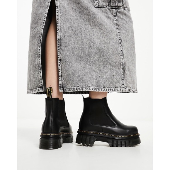 Dr. Martens Audrick Nappa Luxe Leather Platform Chelsea Chunky Black Booties 8 - Picture 2 of 12